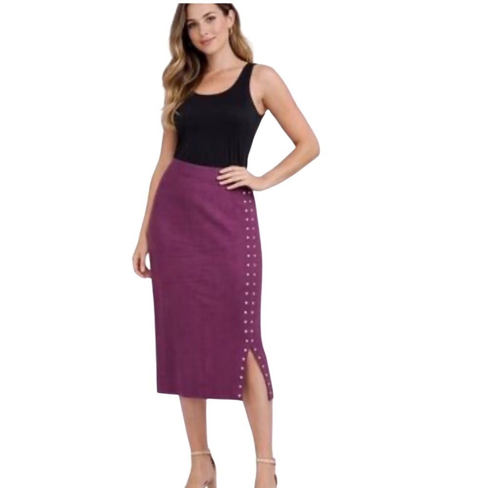 Vila Milano Plum Purple‎ Studded Knit Midi Skirt Front Slit Size L NEW